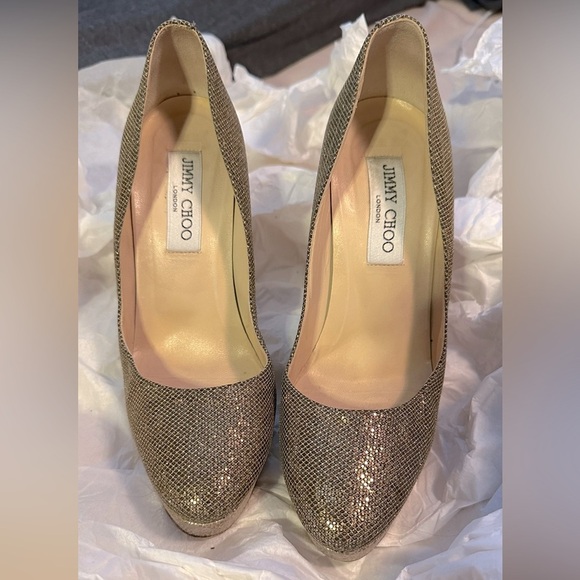 Jimmy Choo Gold Glitter Fabric And Embossed Leather Eros Platform Pump 38 - Picture 6 of 9